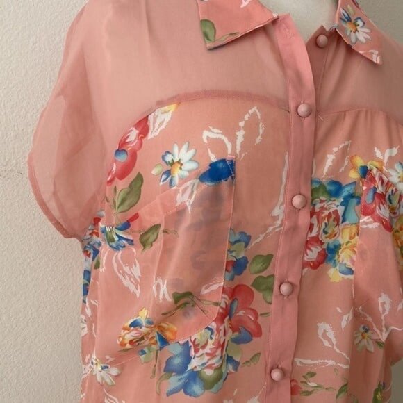 Fashion Blvd. S Sheer Silk floral top casual Spring Summer blue NEW Short Sleeve - Picture 2 of 7